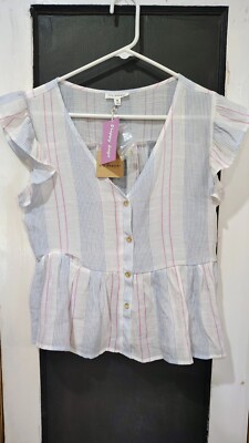 womans Blu Pepper white blue and pink striped blouse size medium New with tags