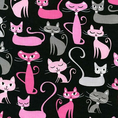 Fabric Cats Paris Pink and Grey on Black KAUFMAN  Cotton 1/4 yard 3752