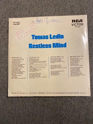 RARE USED 45 RPM RECORD: Tomas Ledin Restless Mind - Imagen 2 de 4