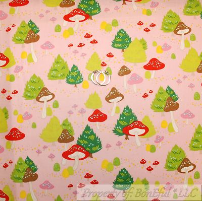 BonEful Fabric FQ Cotton Quilt Pink Red Mushroom Flower Herb Garden Shabby Chic