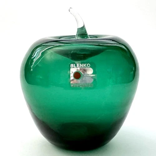 Blenko Glass Emerald Green Apple w/Clear Stem Hand Blown Paperweight w/Sticker
