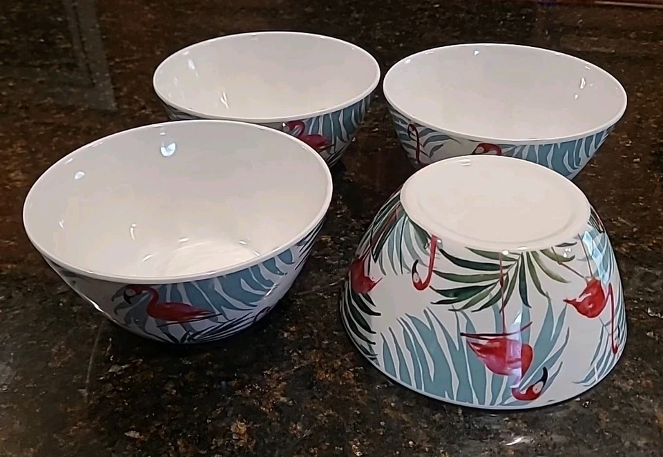 SET OF 4 Cynthia Rowley Melamine Pink Flamingos on White 6" Soup, Cereal Bowls  - Image 2 of 4
