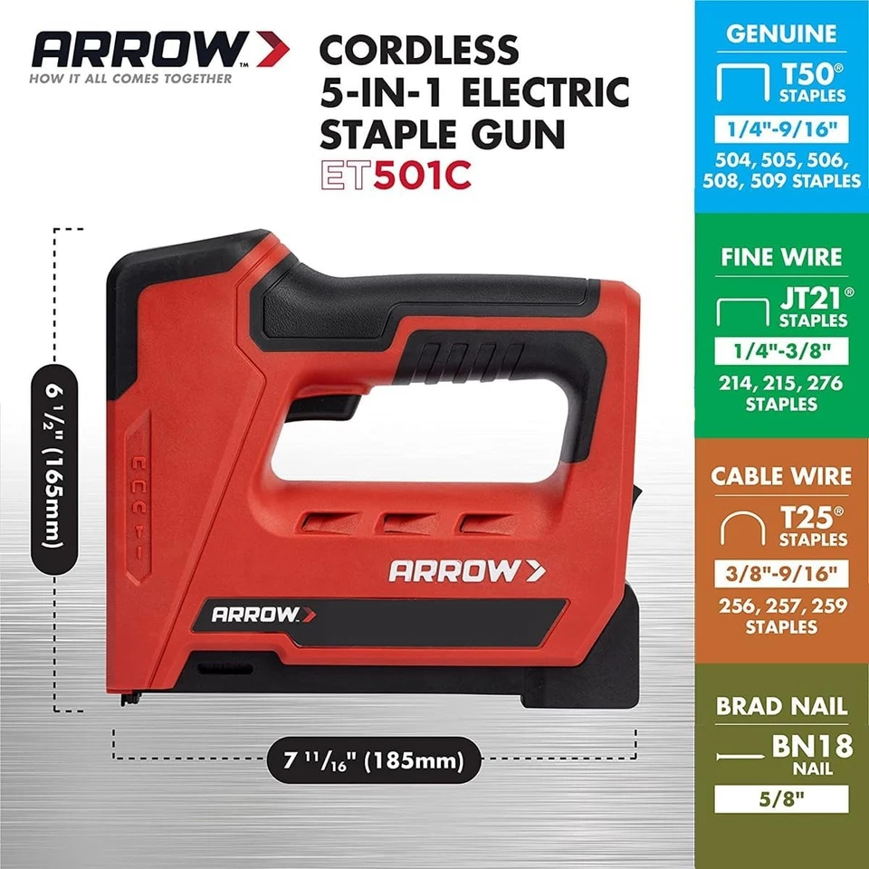 Arrow ET501C Cordless 5-In-1 Professional Staple and Nail Gun, Black/Red  - Image 2 of 4