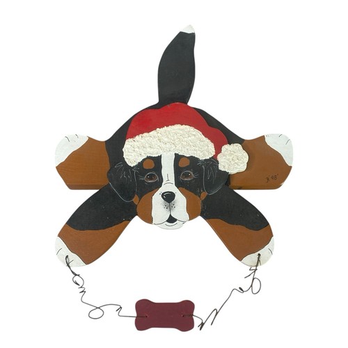 1998 Bernese Mountain Dog Puppy Handpainted Wood Shelf Sitter with Santa Hat Art