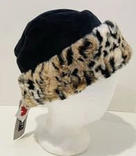 Parkhurst Women’s Black Flip Brim Safari Leopard Faux Fur Hat, One Size