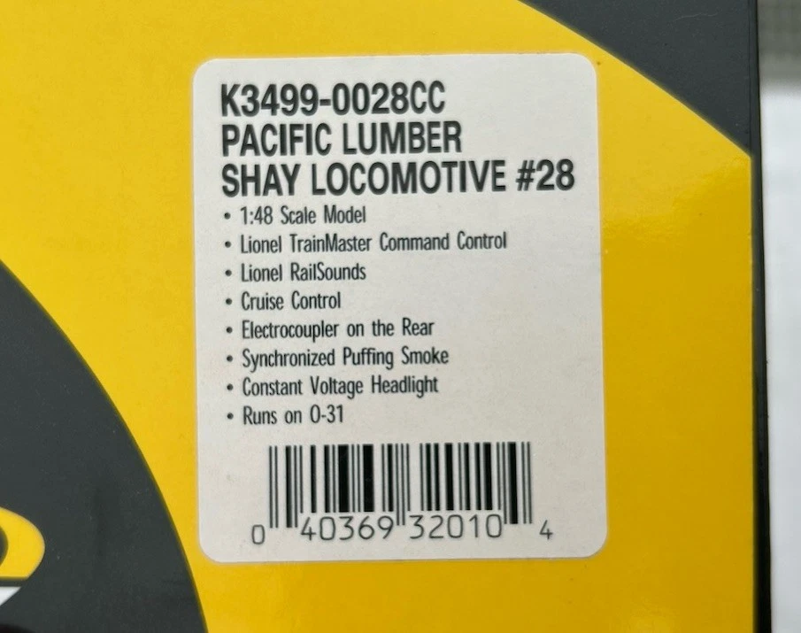 O K-Line K3499-0028CC Pacific Lumber Shay Locomotive #28 TMCC EQUIPPED - (NEW) - Image 3 of 4