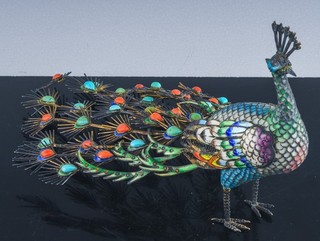 FINE CHINESE FILIGREE STERLING SILVER ENAMEL TURQUOISE CORAL PEACOCK BIRD FIGURE