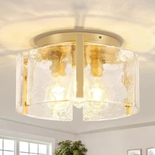 15'' Modern Gold Semi Flush Mount Ceiling Light, 3-Light Glass Drum Light Fix...
