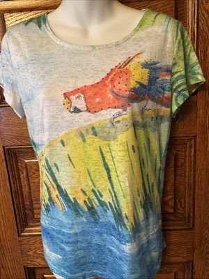 ELLEN NEGLEY Artsy Tropical Sparkly Parrot Palm Trees TOP T-SHIRT, Women's M