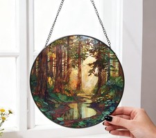 Sun Forest Stained Glass Suncatcher, Redwoods Window Hanging, Nature Decor Gift