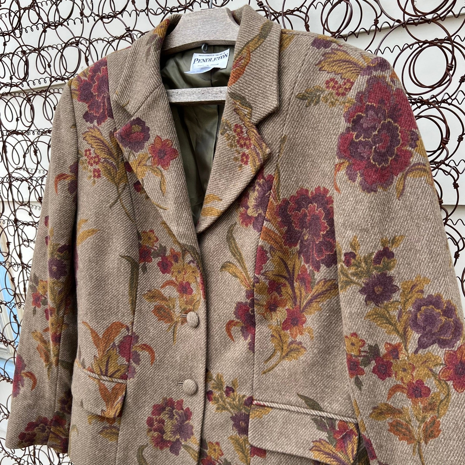 Pendleton Green Floral Leaf Fall Wool Blazer Size… - image 2