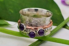 925 Sterling Silver Amethyst Gemstone Band Spinner Ring Handmade All Size