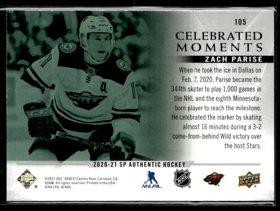 2020-21 Sp Authentic Celebrated moments Zach Parise #105 H7R1K - Image 2 of 2