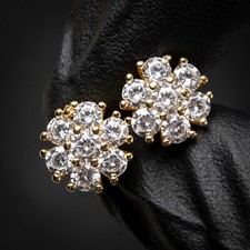 Yellow Gold 925 Sterling Silver Flower Cluster Cz Stud Screw Back Earrings