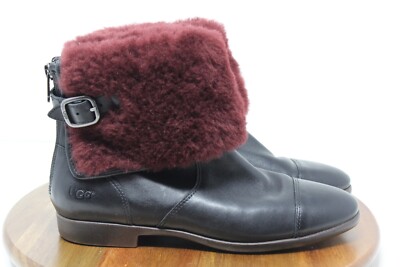 UGG Inez Boots Womens 7 Black Maroon Leather Ankle Sherling Buckle Adjustable
