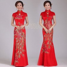 Embroidery Sequin Chinese Cheongsam Qipao Women Wedding Evening Party Long Dress