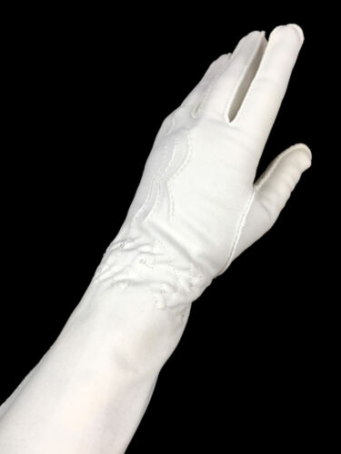 Vintage White Embroidered Beaded Evening Opera Gauntlet Gloves