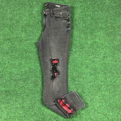 Judy Blue Jeans Skinny Fit Womens 15/32 Mid Rise Black Denim Red Plaid Patch
