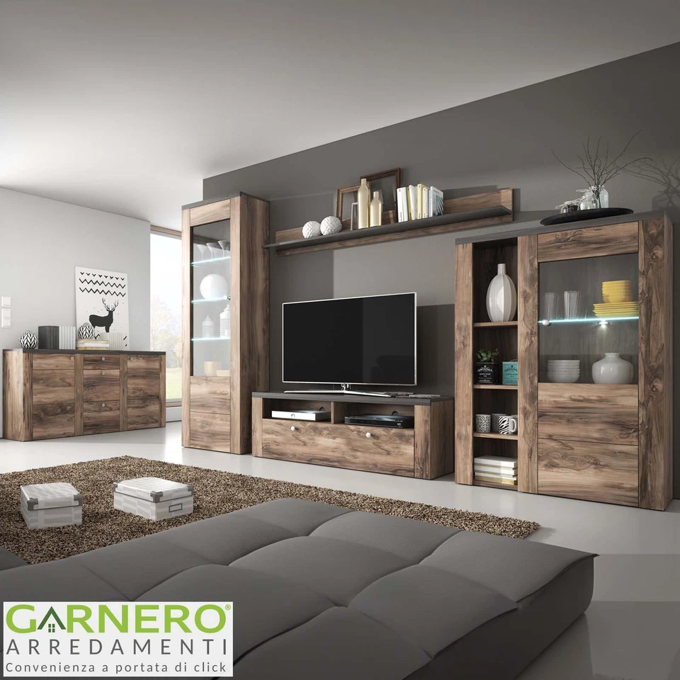 Credenza alta design moderno anta ripiani 100x145cm noce rovere grigio PALOMA 2 - Immagine 2 di 4