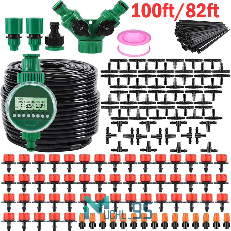 82/100 ft Sistema De Riego Por Goteo Automático Aspersores Para Césped Jardín Kit