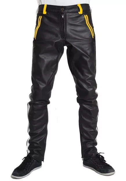 MEN'S REAL LAMBSKIN LEATHER PANTS YELLOW COLOR STRIPES & PIPING BIKERS PANT