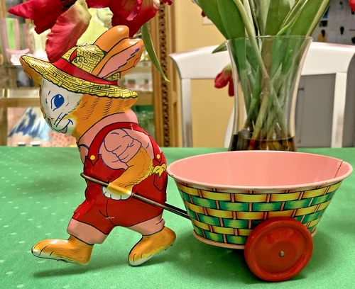Vintage Chein Tin Litho Easter Rabbit Cart Pink Easter Basket Nice Bright Color