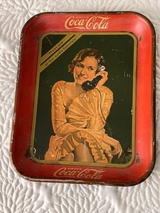 Original 1930s Coca-Cola Coke Soda Serving Tray Girl On Phone Yellow Dress Rare