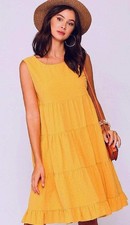 New Gigio S M Goldenrod Swiss Dot Tiered Round Neck Sleeveless Swing Dress