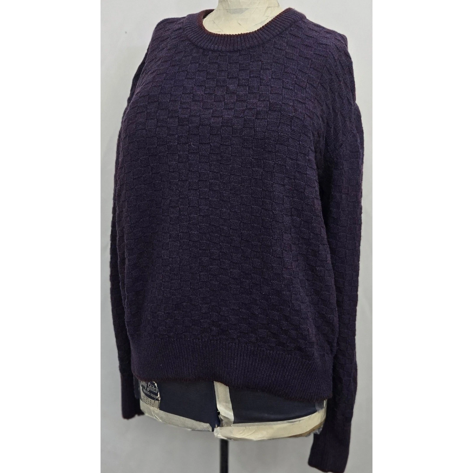 Prana S Organic Cotton Recycled Wool Sweater Purple Blue Checkerboard Knit