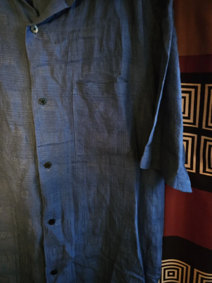 Linen Rayon Hawaiian Button Up Shirt M Blue Geometric Crazy Horse - Image 2 of 4