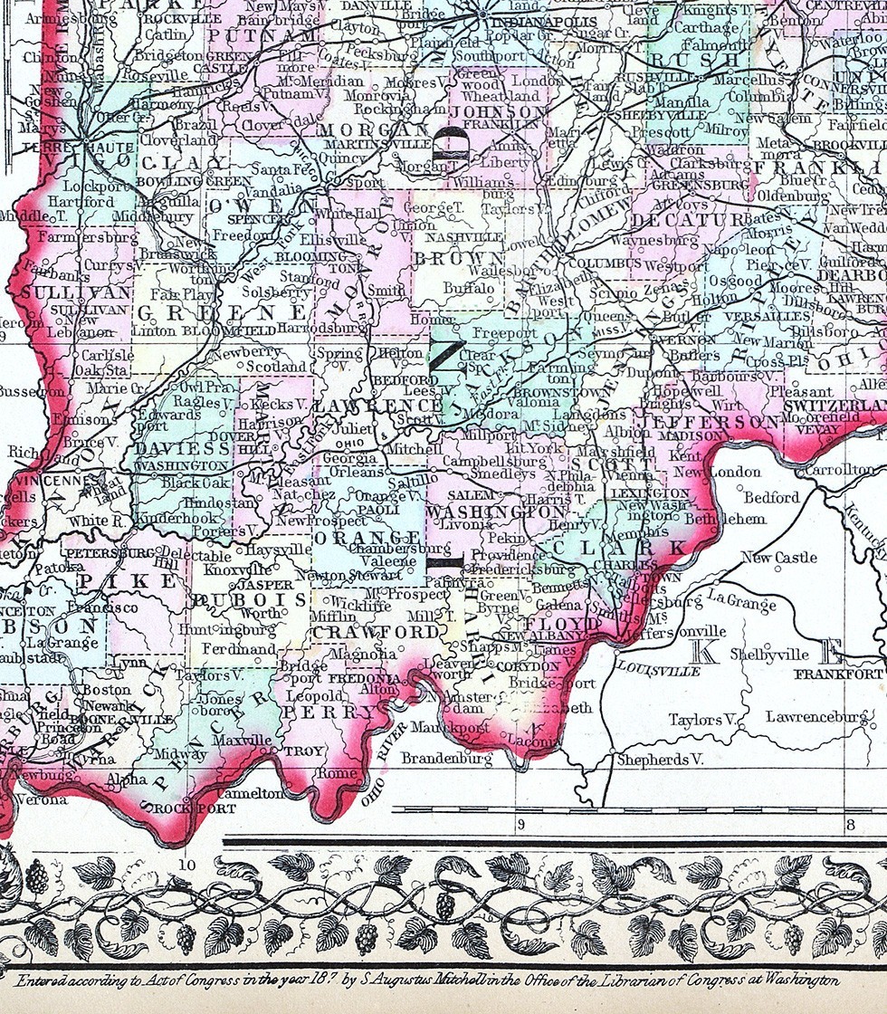 1874 Mitchell Map Indiana Indianapolis Fort Wayne Ohio Columbus