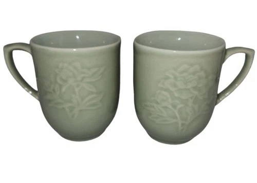 Vintage ​Pair Of Celadon Coffee Cups Peony Floral Embossed Jade Green 4"