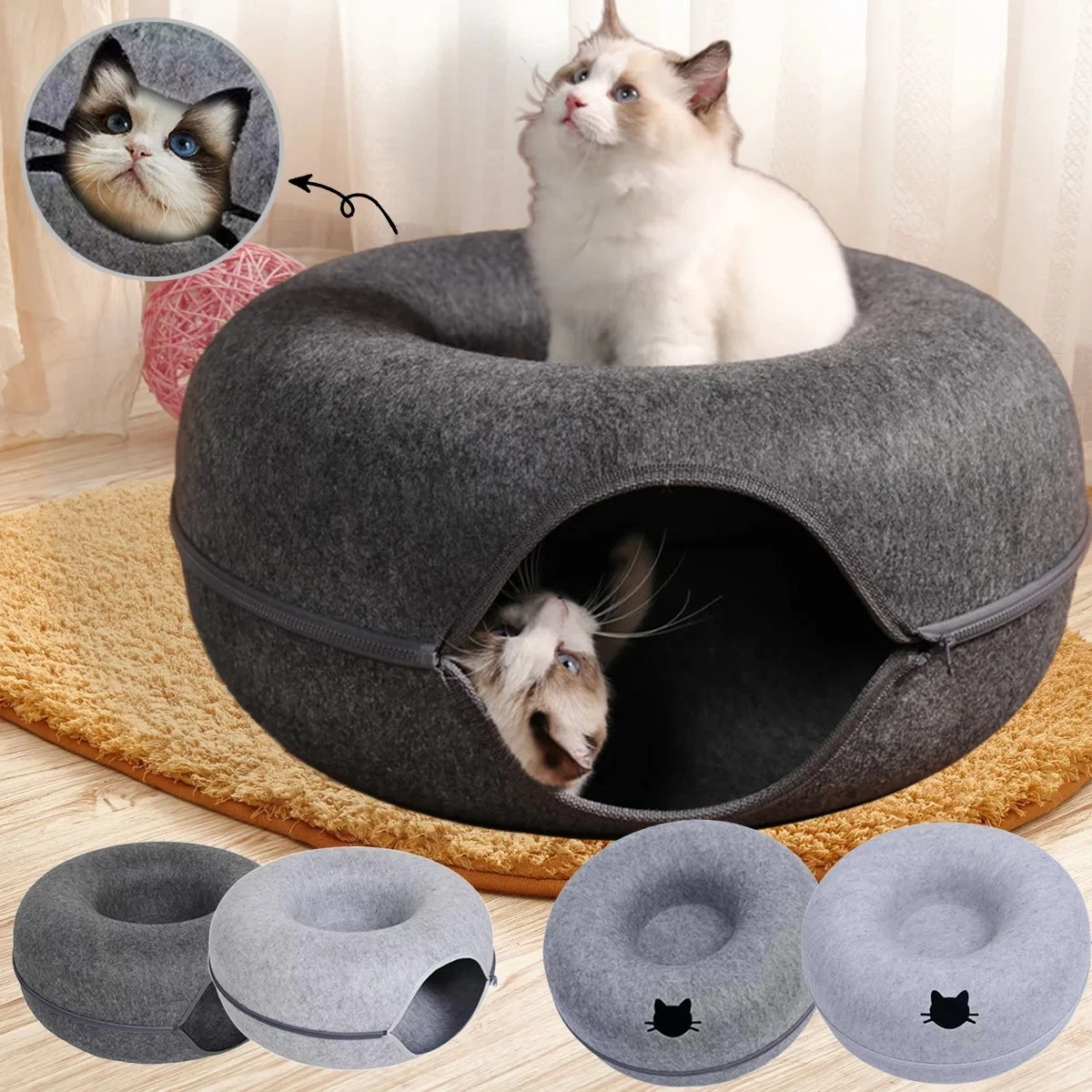 Cave Bed Donut Soft Round Felt Cat Beds For Calming Pet Anti Anxiety Play Tunnel