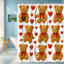 Cute Bear Shower Curtain with Hearts for Kids' Bathroom Decor