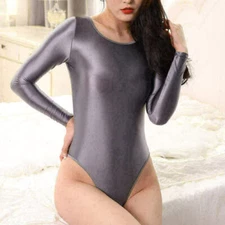 Women's Wet Look Gorgeous Satin Jumpsuit Shiny long sleeves Bodysuit Swimwear