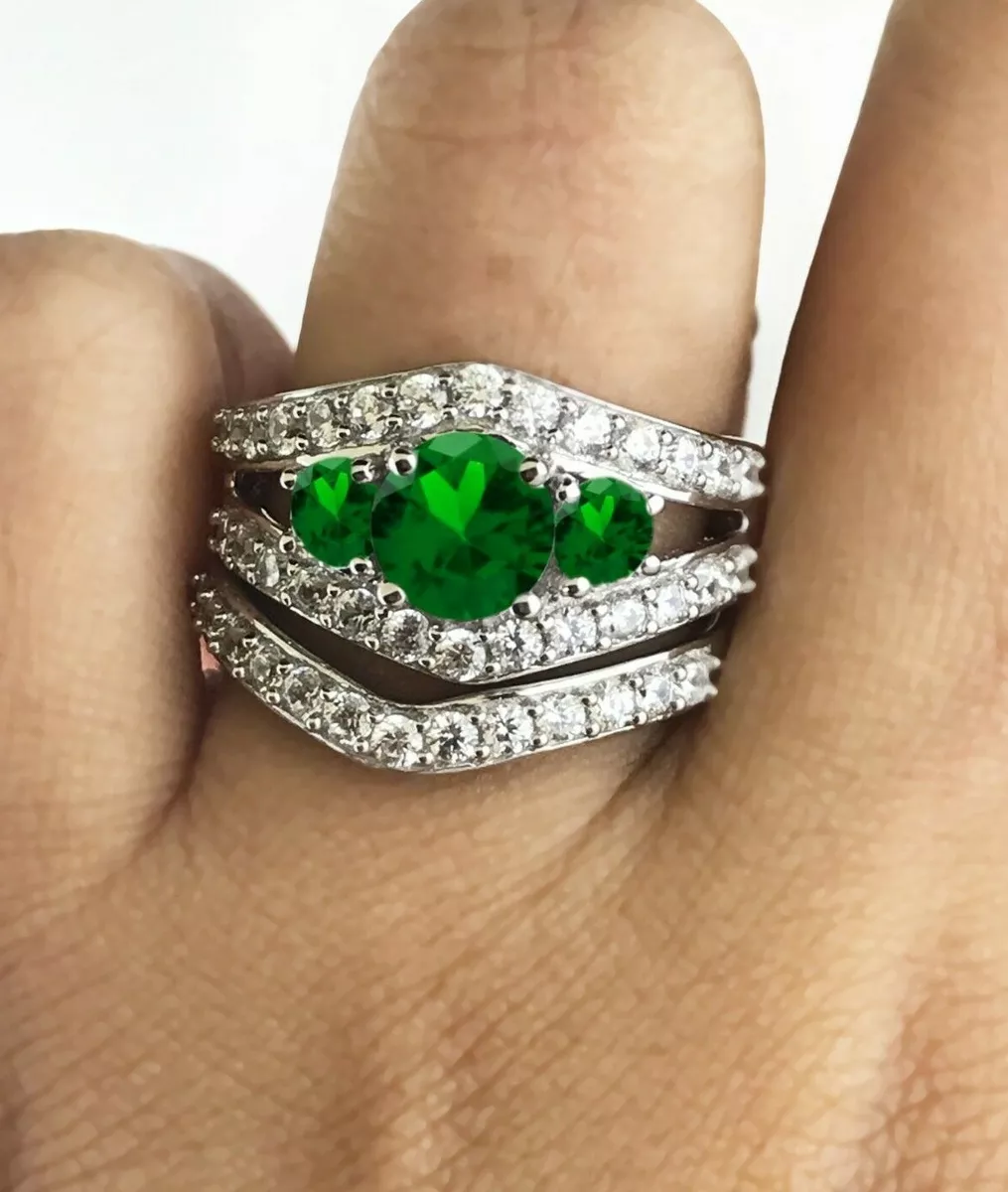 Bridal 3 Stone Wedding Ring Set 2.53 Ct Green Emerald Real
