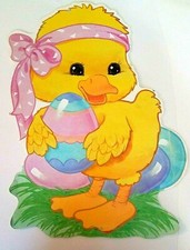VTG Die Cut Flocked Easter Decoration Eureka USA Chick Huge Egg Pink Ribbon