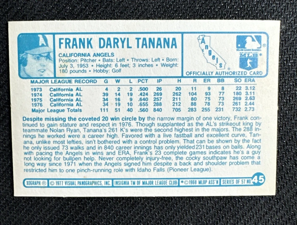 1977 Kellogg’s #45 Frank Tanana California Angels • NM/NM+ - Image 2 of 2