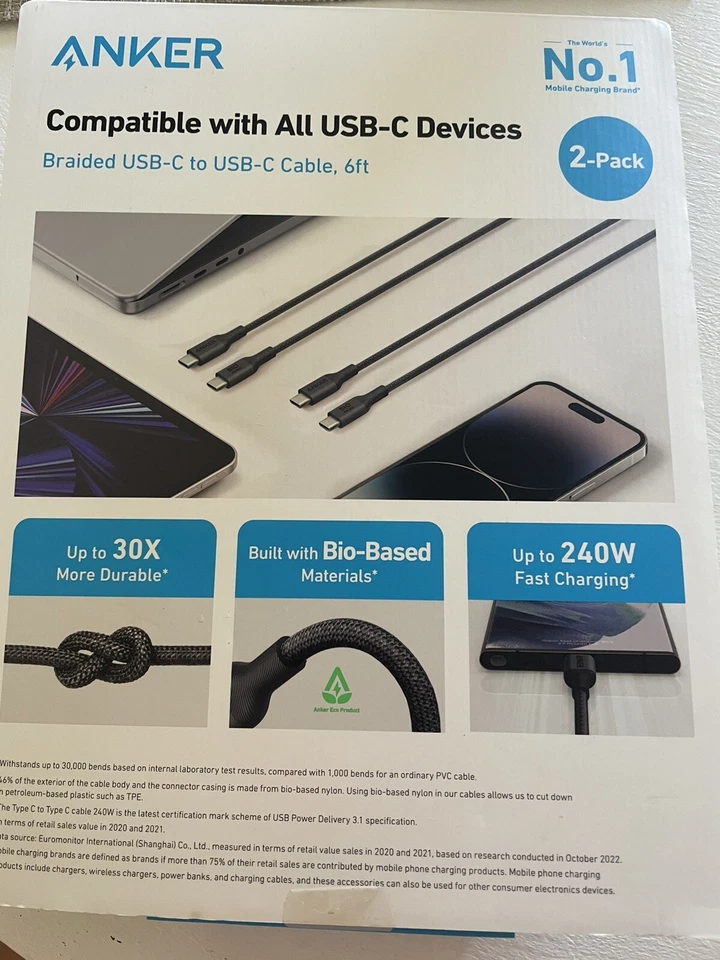 Anker Braided Durable USB-C to USB-C Cable 6-Feet, 240W Fast Charge, 2 Pack 351 - Image 2 of 3