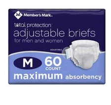 Members Mark Incontinence Briefs Total Protection for Men/Women Size Medium 60ct