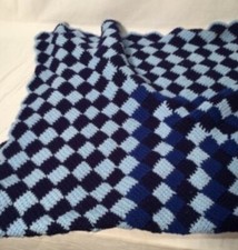 Handmade Crochet Afghan Throw Blanket Vtg Blue 3D Squares 130  X 66  Light Blue