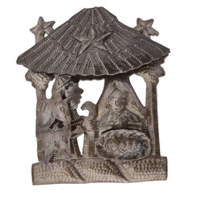 Handmade Haitian Nativity Scene Wall Art | 3D Recycled Steel Manger with Animals