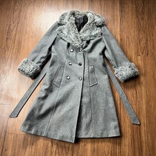 Vintage 60s 70s Trench Coat Gray Long Faux Fur Wool Pleated Retro Mod FLAWS READ