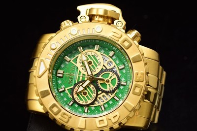 Invicta Sea Hunter Chronograph Swiss Movt Green Dial Gold Tone Men's Watch 58mm