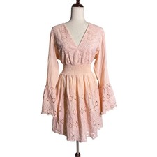 Venus Pink Eyelet Embroidered Boho Dress Bell Sleeve Size 16
