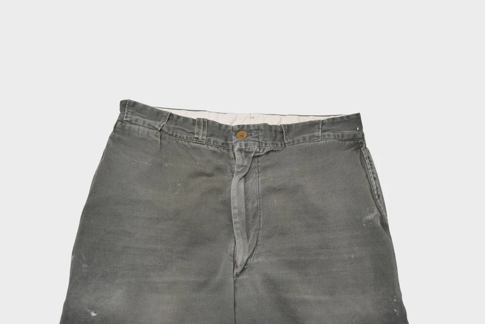 Vintage 60s Pants 32x30 Olive Canvas Faded Distressed Workwear Gripper Zipper - Image 4 of 4