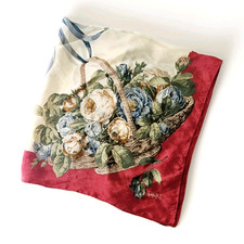 Vtg Club 7 Echo Silk Scarf Floral Basket Center Red Border 31" Sq Japan