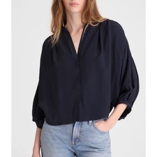 Madewell Shirred Crewneck Button-Up Top Navy Balloon Sleeve Blouse Size XL NWT