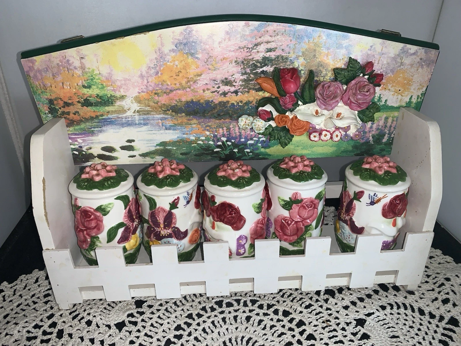 Wooden Spice Rack Floral & 5 Spice Containers Kk Merchandise 6 Pc Set