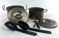 EVERNEW Titanium Nesting Pot Set (2 Pots/Lids) w Utensils & Pot Gripper